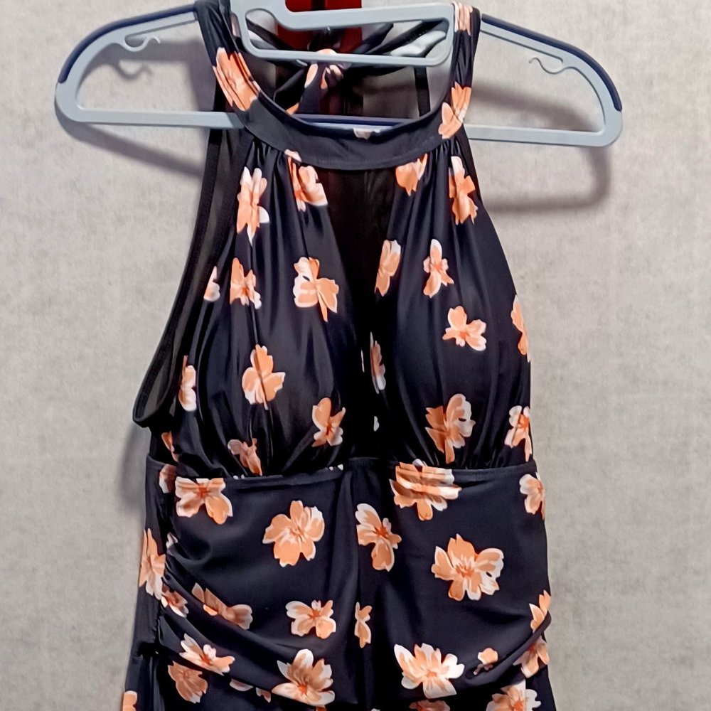 New 1 Piece High Neck Swim Dress - Black w/ Floral Pattern size L